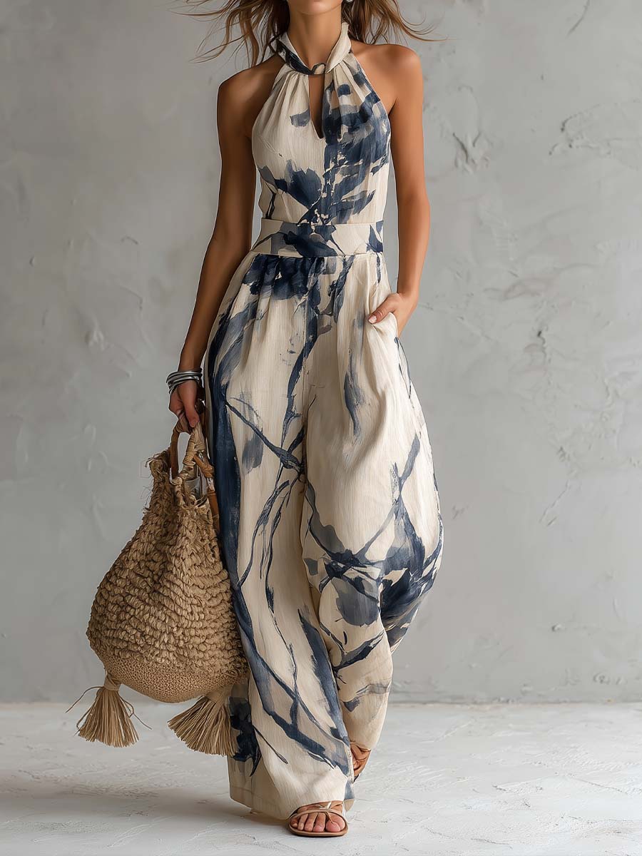 Halter | Neck Ink Wash Print Wide Leg Jumpsuit With Pockets