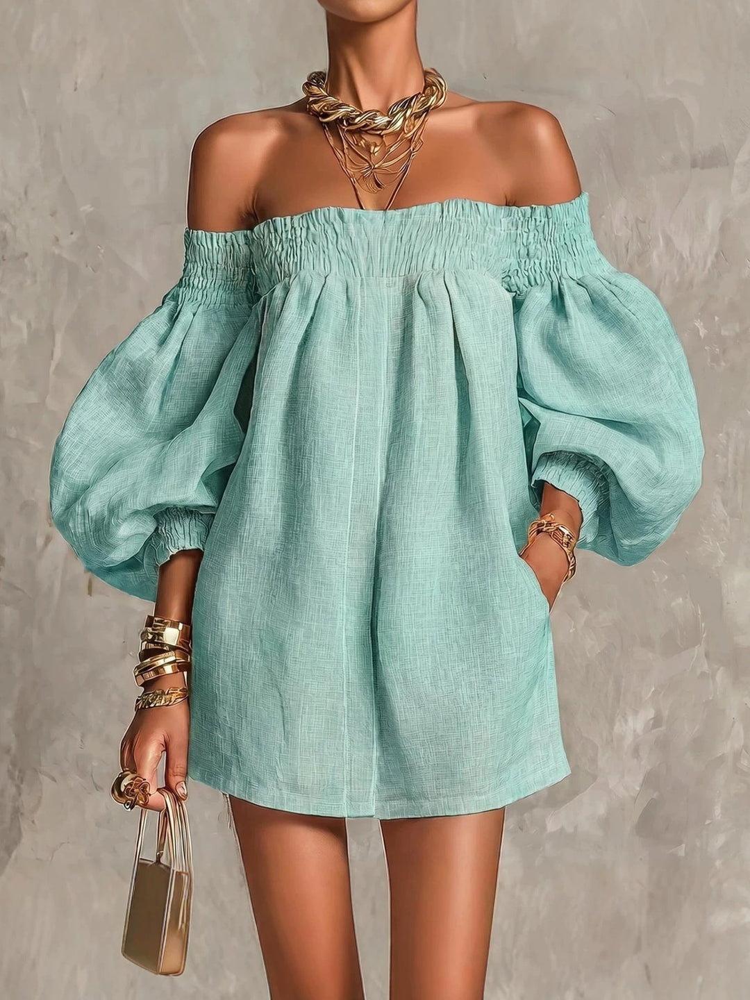 Cosima | Off-Shoulder Lantern-Sleeve A-Line Dress Blue