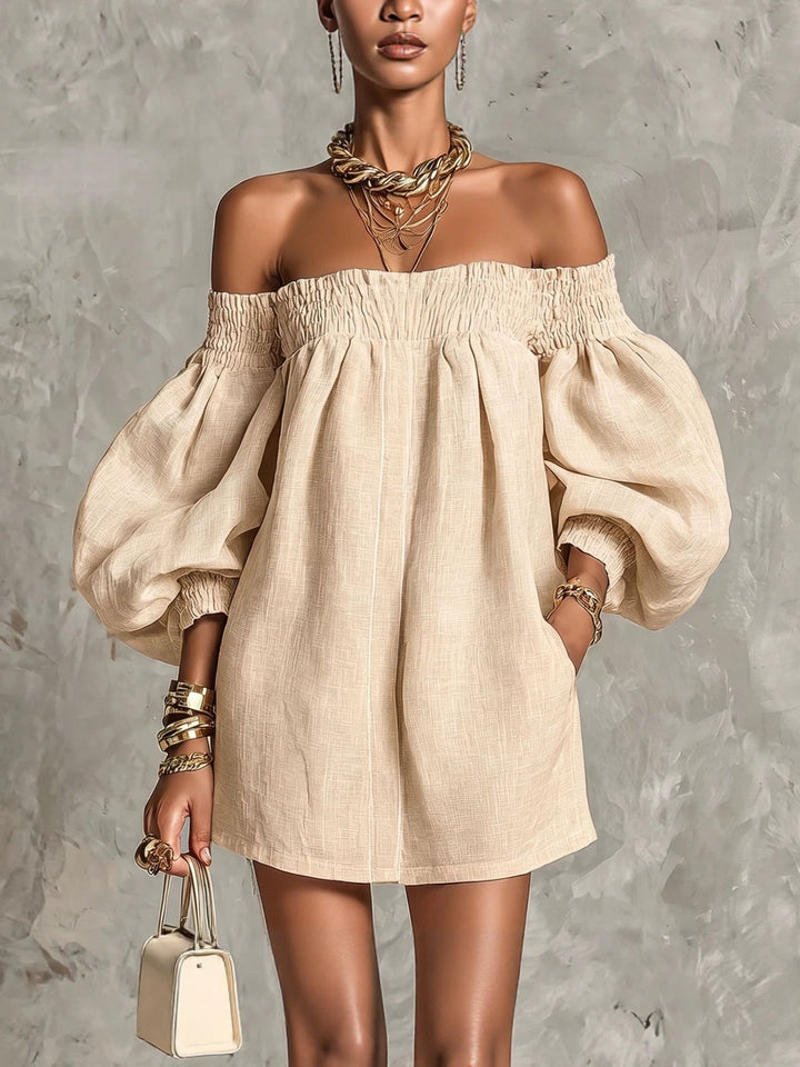 Cosima | Off-Shoulder Lantern-Sleeve A-Line Dress Oatmeal
