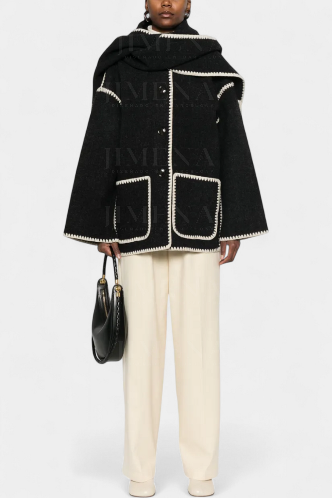 Pauline Coat Featuring Built-In Scarf and Flowing Design