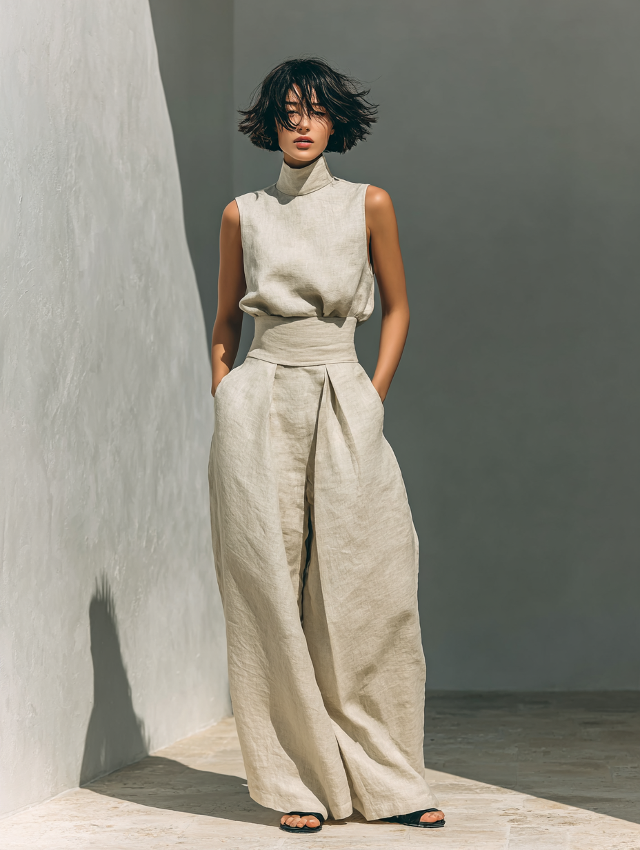 Women's minimalist set in cotton and linen with sleeveless blouse and wide-leg pants