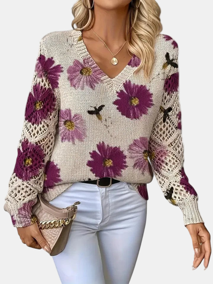 Bronte | Floral Crochet Sleeve V-Neck Sweater