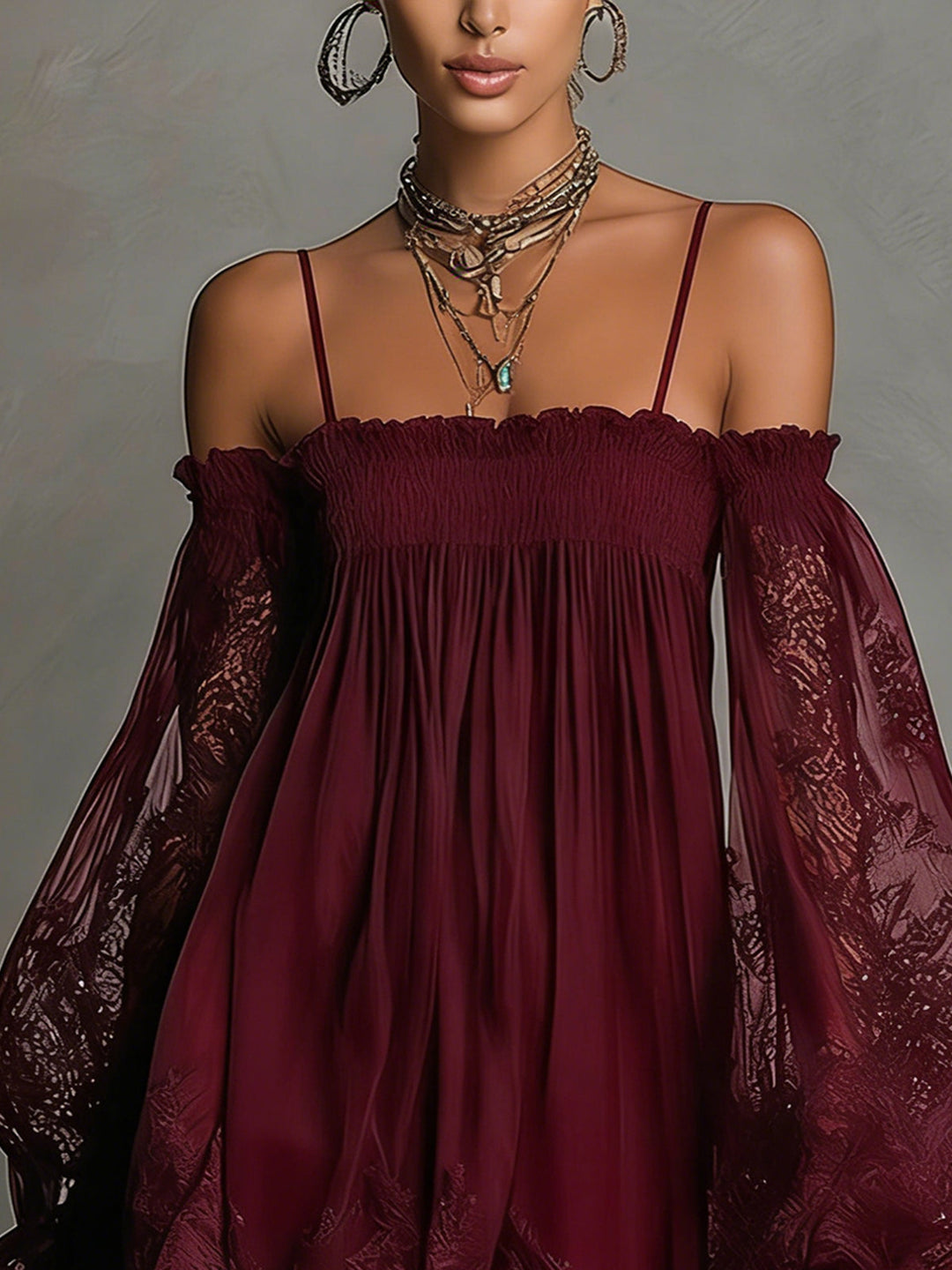 Betty • Navy blue mini chiffon dress with off-shoulder neckline, lace trim, and sheer sleeves