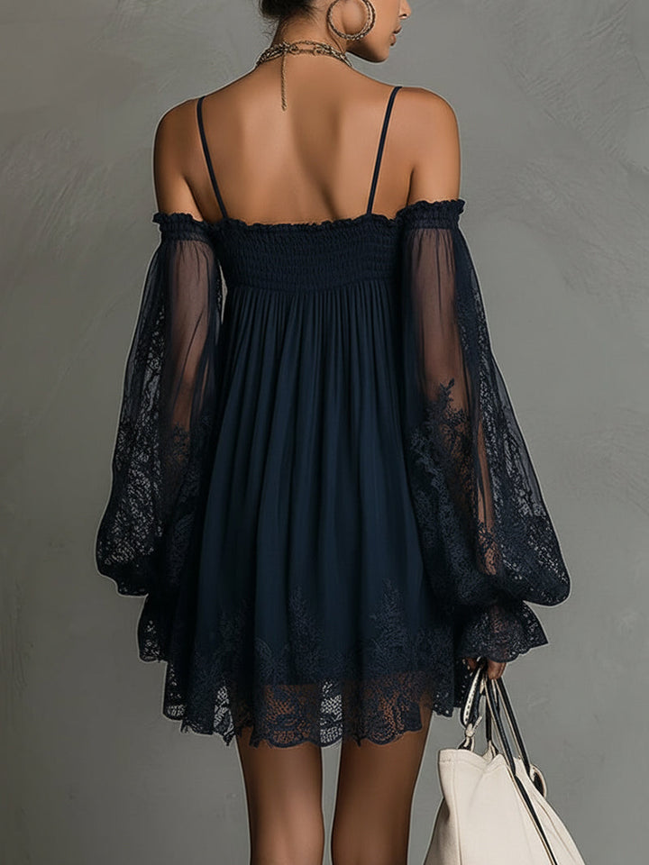 Betty • Navy blue mini chiffon dress with off-shoulder neckline, lace trim, and sheer sleeves