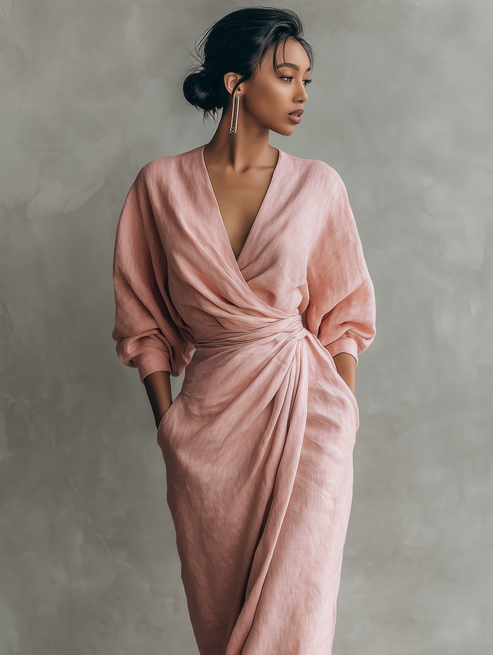 Pink Minimalist Maxi Dress with V-Neck in Linen Blend