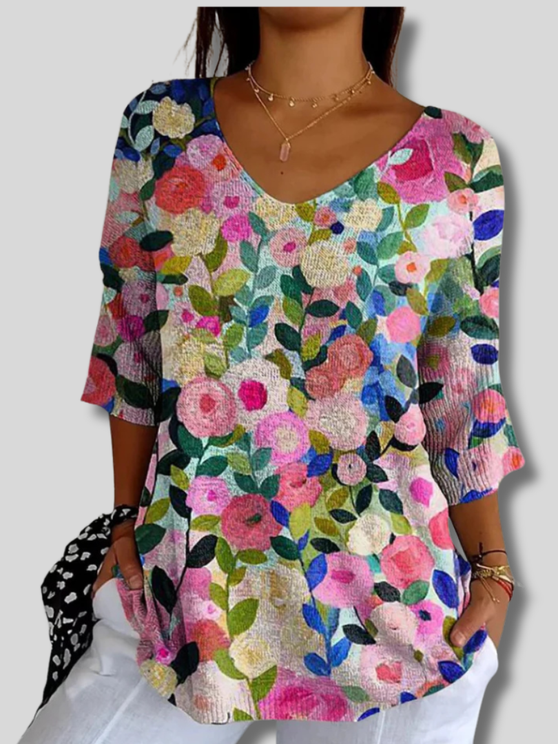 Colorful Spring Floral Garden Printed Women's Casual Pullover Knit