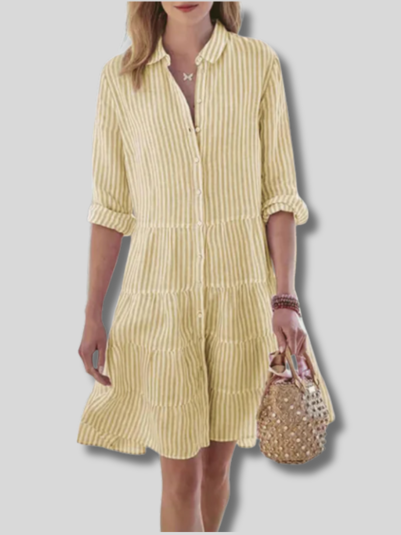 Sunny | Women's Linen Striped Collared Tiered Button-Down Dress