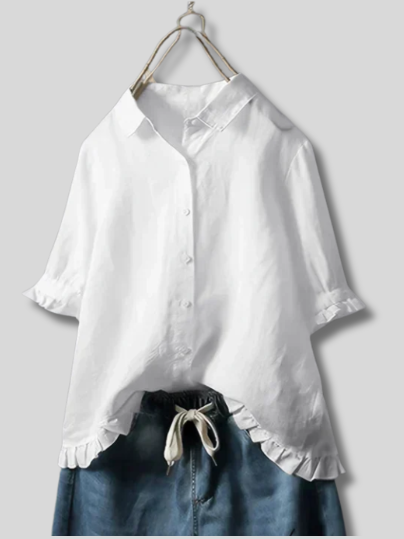 Jolene | Women's Linen Ruffle-Trim Button-Down Shirt