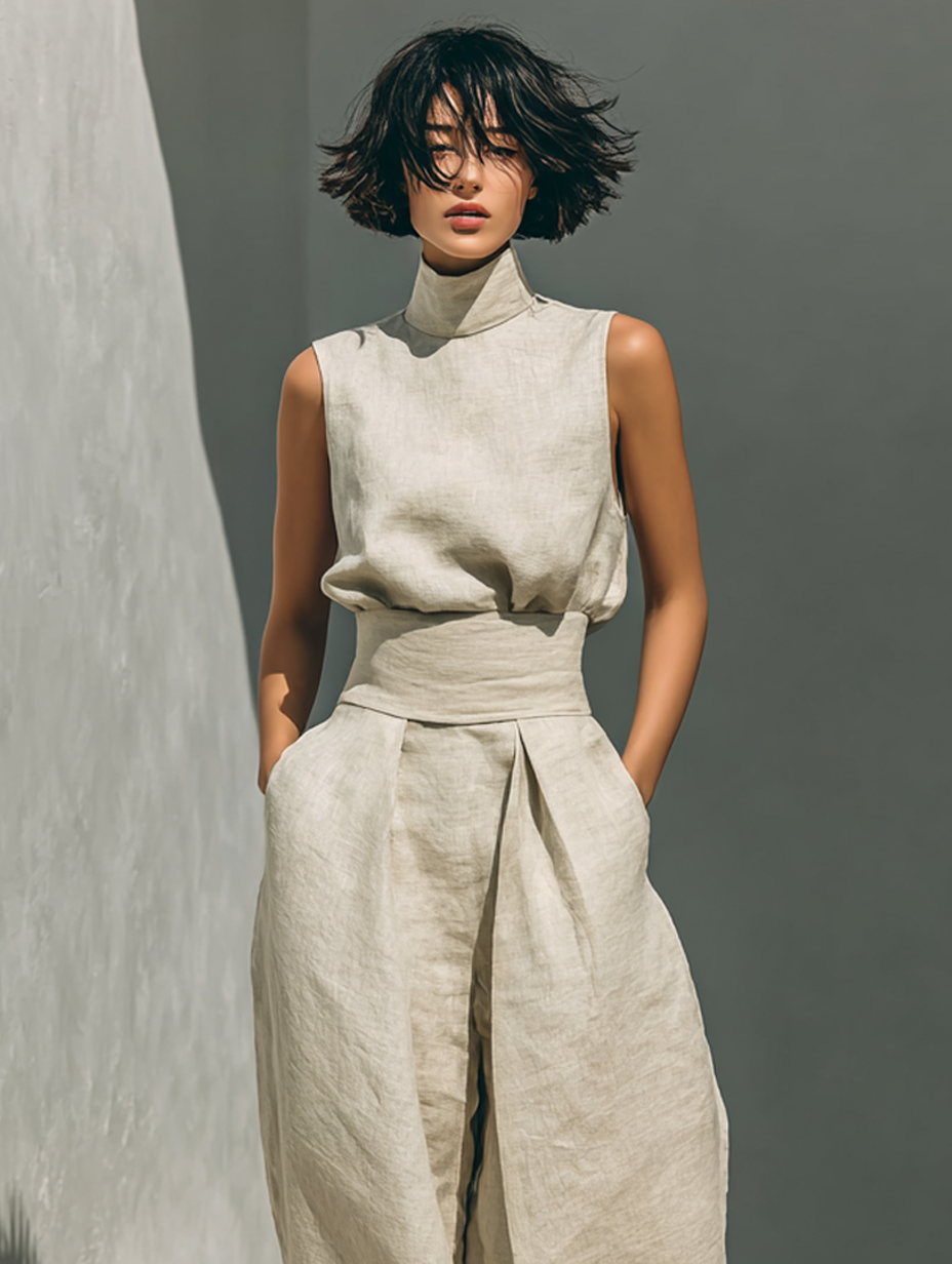 Women's minimalist set in cotton and linen with sleeveless blouse and wide-leg pants