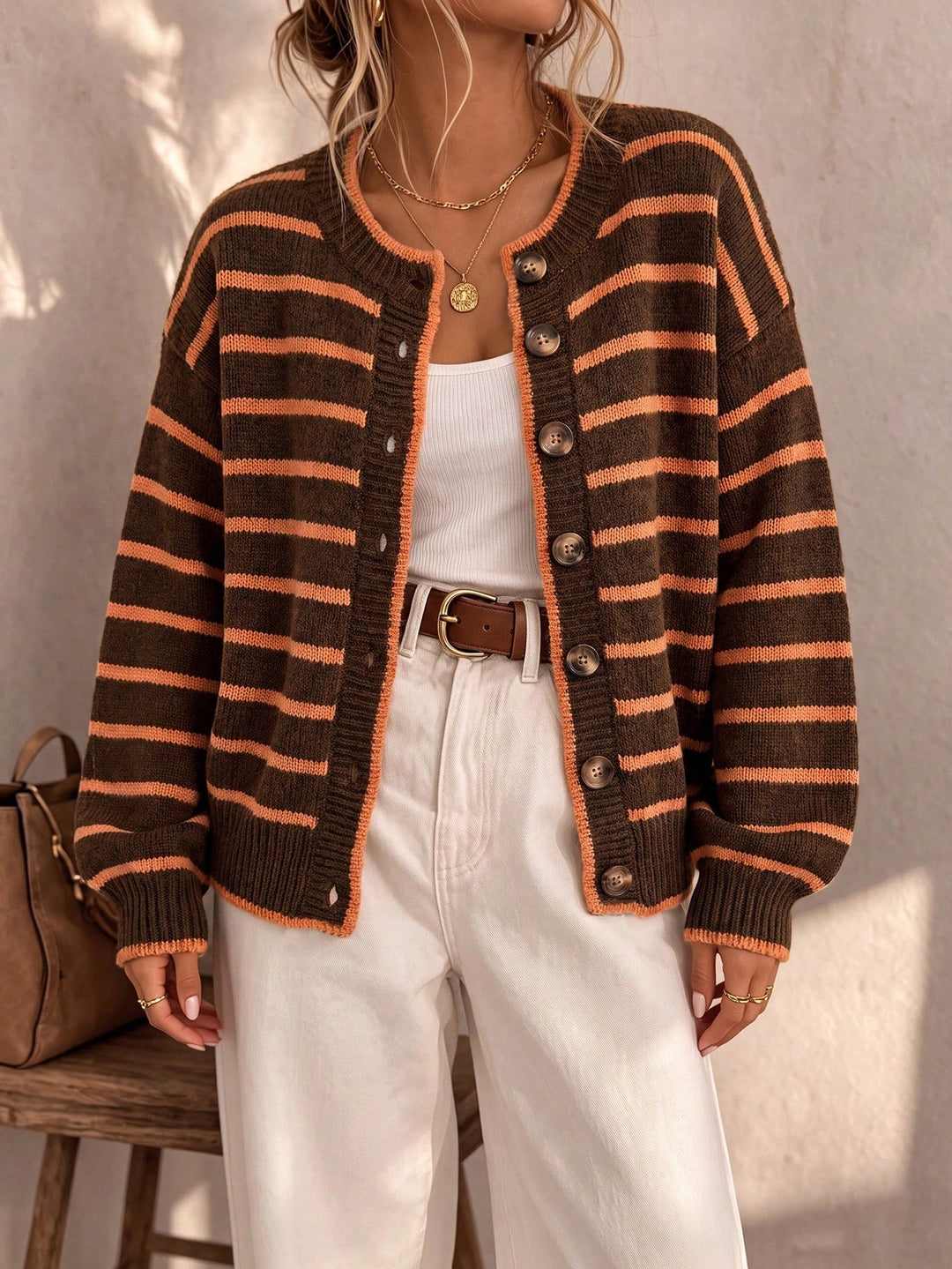Tamsyn | Striped Knit Cardigan Beige Orange
