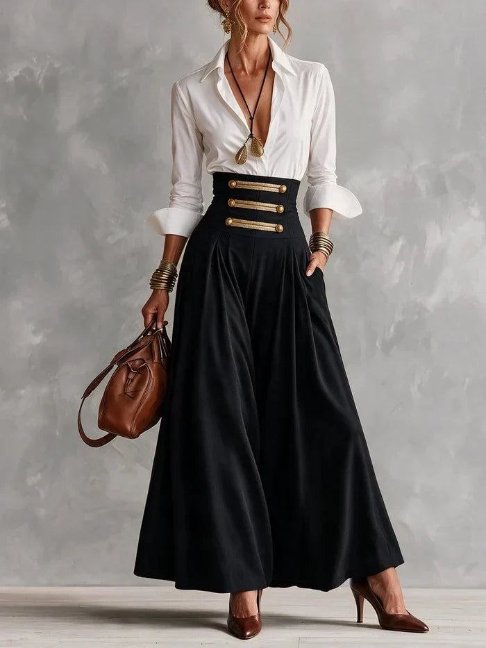 Katharine | White Collar Shirt & Gold-Button Maxi Skirt Set