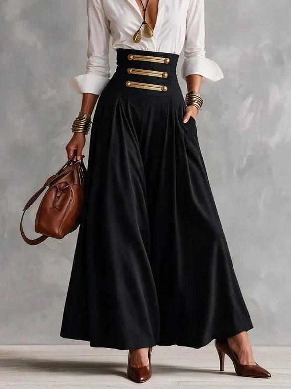 Katharine | White Collar Shirt & Gold-Button Maxi Skirt Set