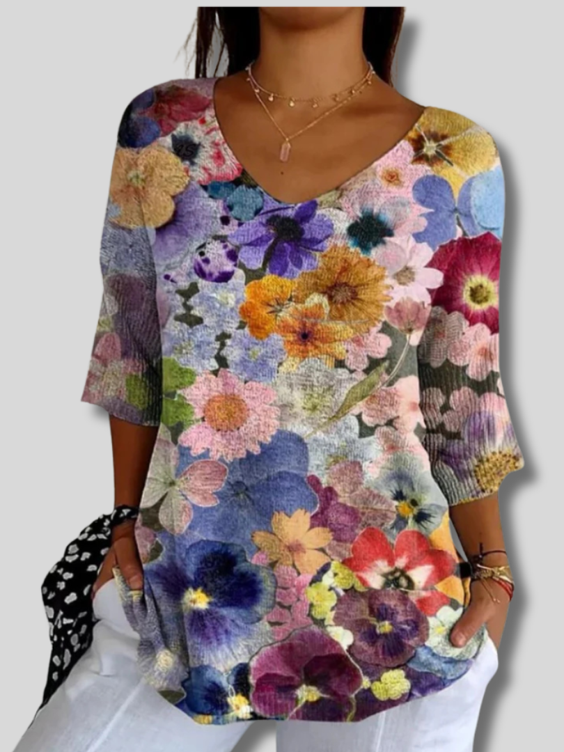 Women's Vintage Lovely Floral Art Print Casual Pullover Knit