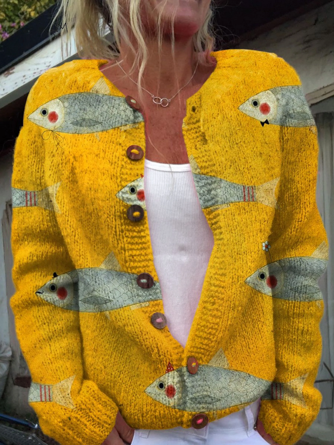 Anouk | Mustard Bird Print Knit Cardigan