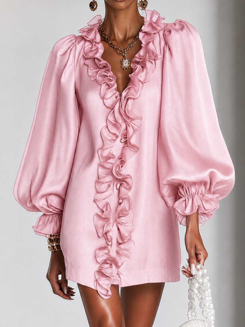 Guinevere | Ruffled Puff-Sleeve Straight-Cut Dress Pink
