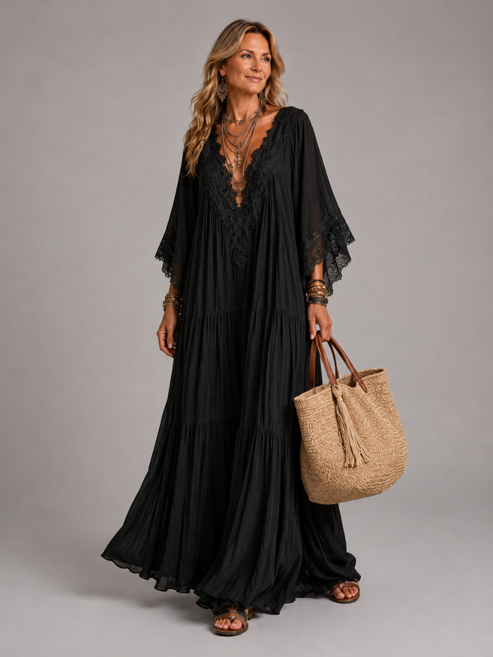 V-neck Pleated layered Maxi Dress