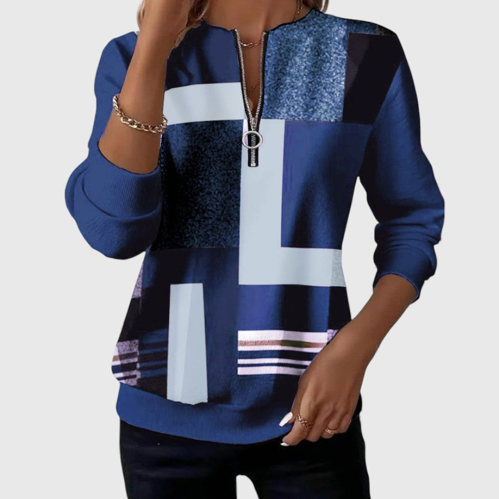 Lowenna | Geometric Print Zip-Neck Sweatshirt