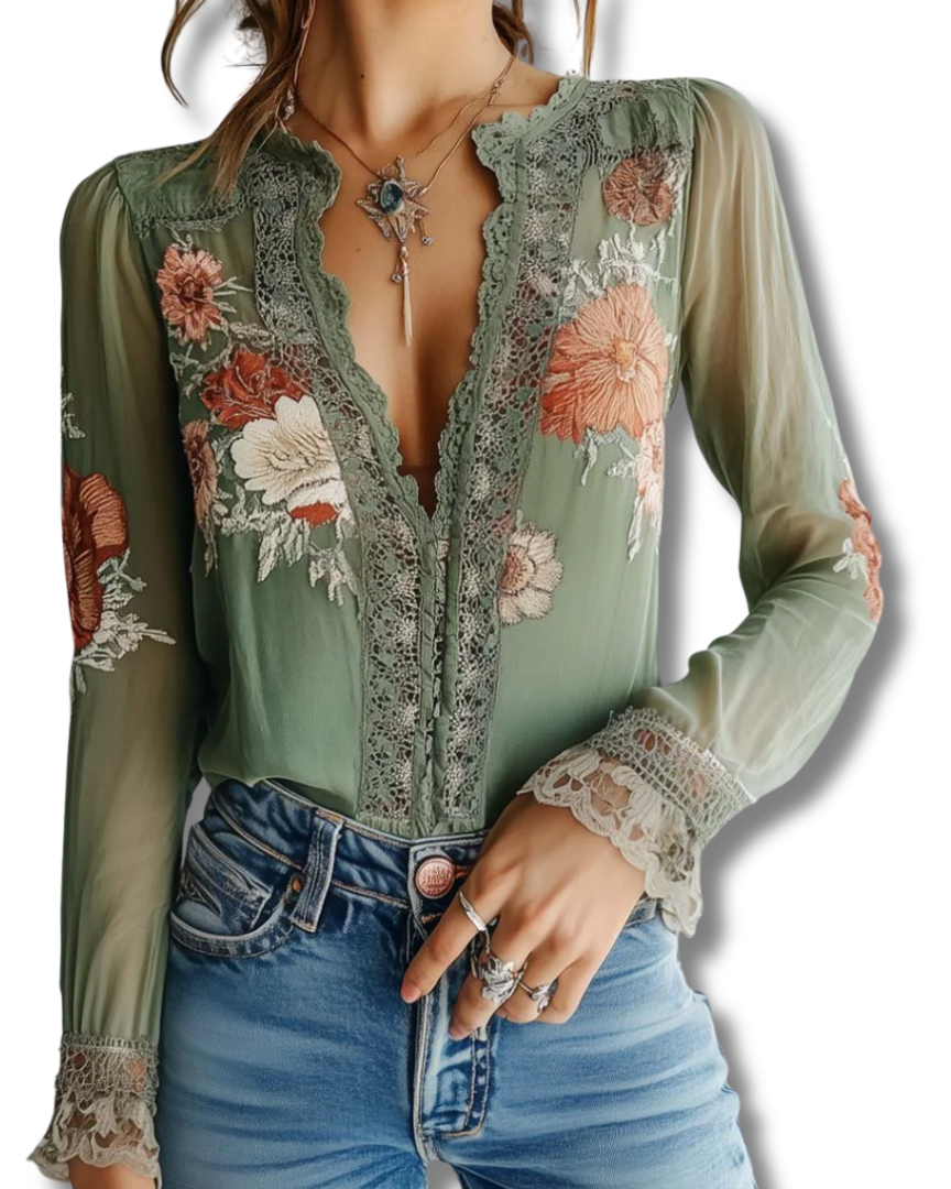 Bohemian Floral Printed Lace Blouse