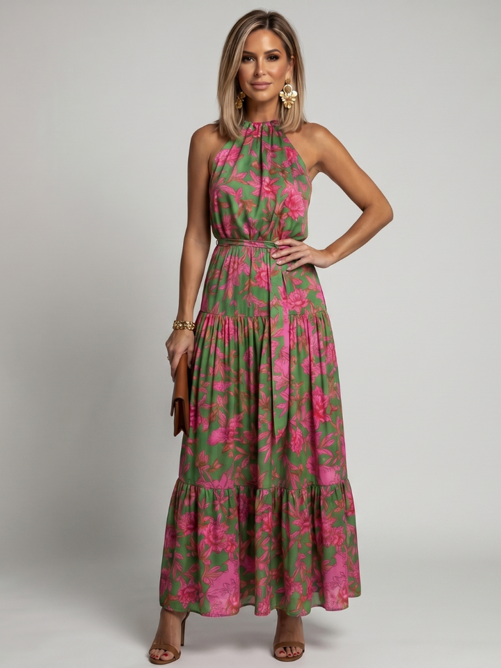 Darlina™ | Draped Pink Midi Dress With  Elegant Halter Neckline