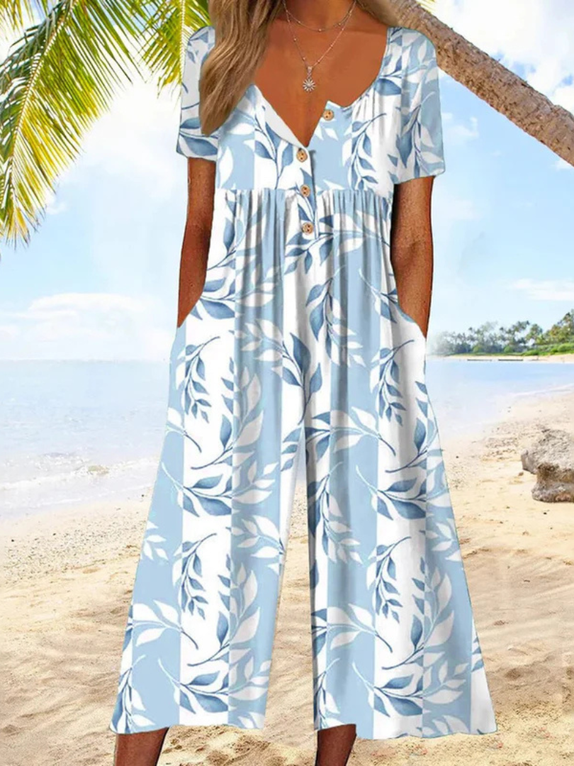 Hazel™ | Leaf Print V-Neck Jumpsuit with Short Sleeves and Wide Legs