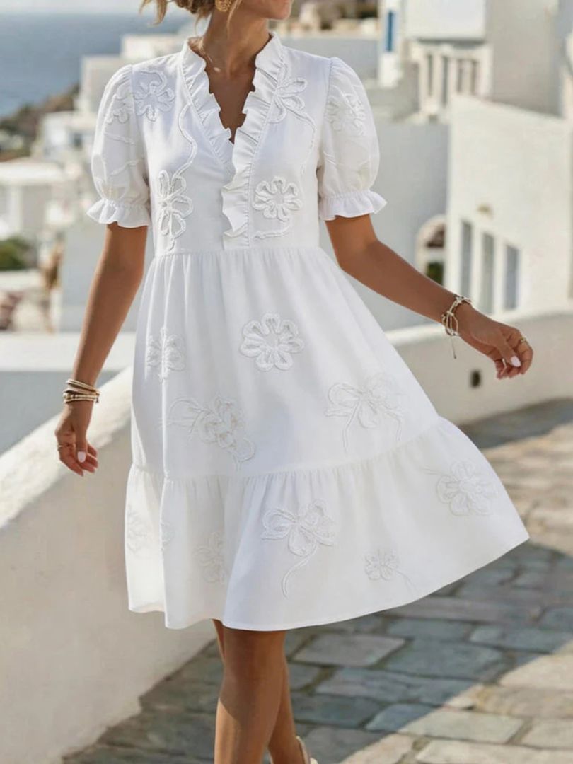 Bellina™ - Embroidered Ruffle V-Neck Puff Sleeve Dress