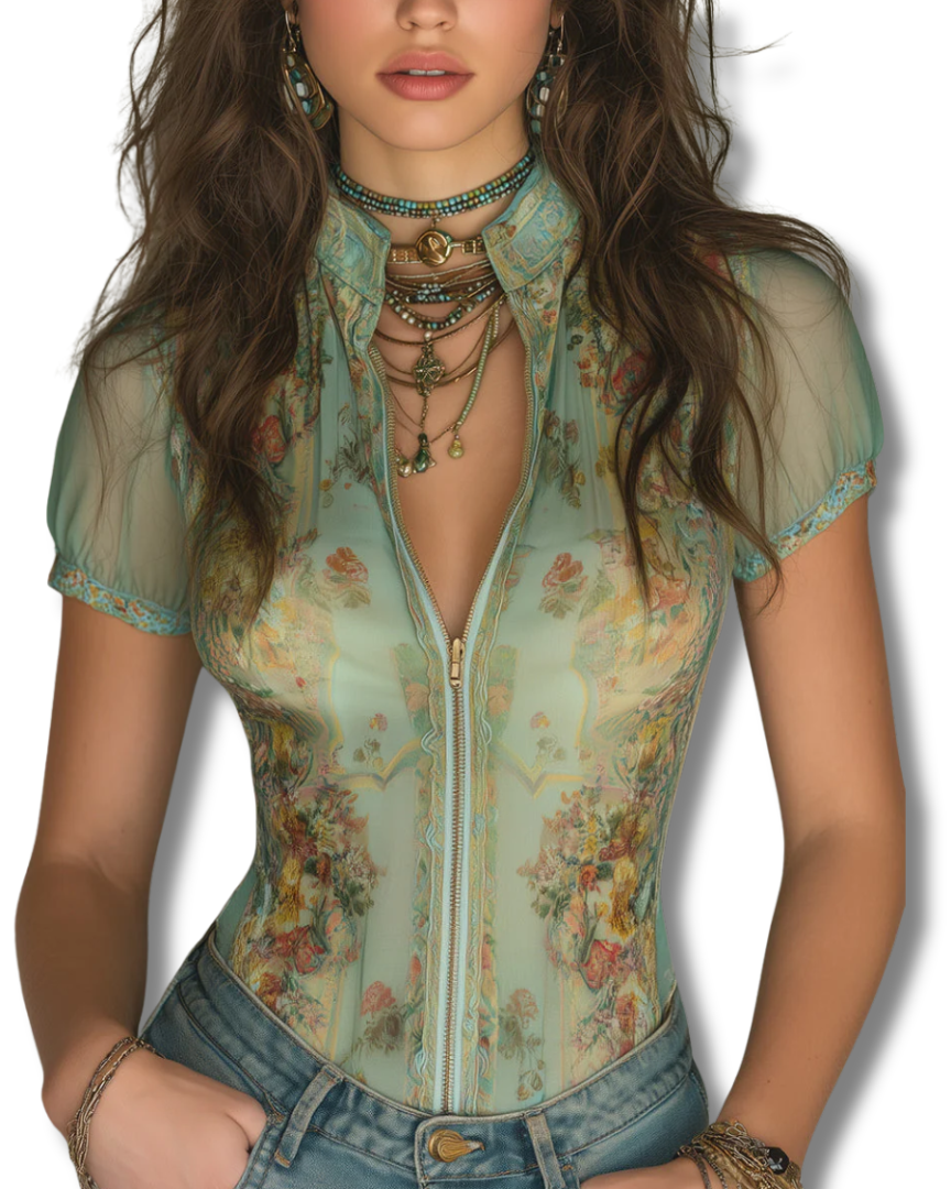 Retro-print Slim-fit Chiffon Short-sleeved Blouse