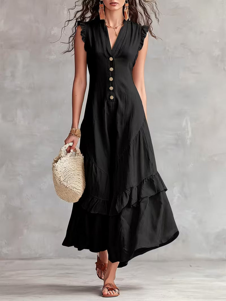 Ariella™ | Elegant Black Ruffle Maxi Dress