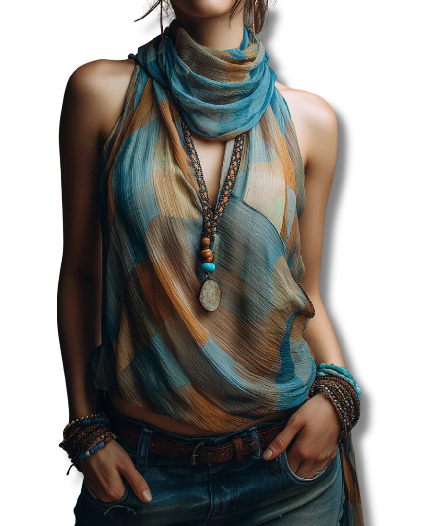 Boho Blue And Amber Chiffon Halter Blouse With Scarf Neck