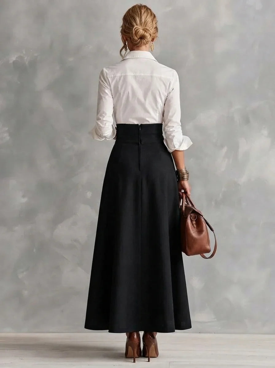 Katharine | White Collar Shirt & Gold-Button Maxi Skirt Set