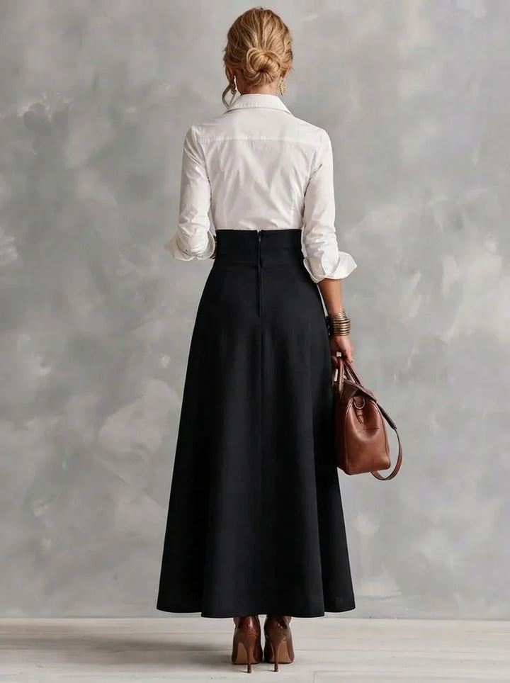 Katharine | White Collar Shirt & Gold-Button Maxi Skirt Set