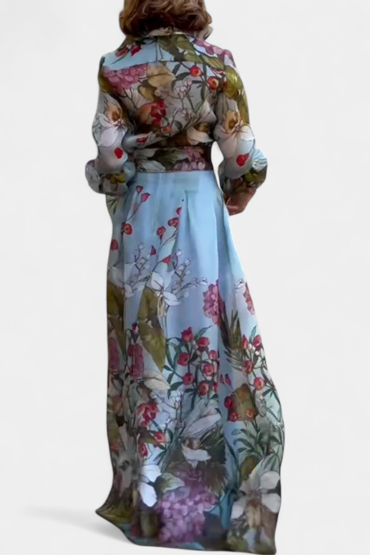 Sanne Botanical Print Ensemble: Belted Shirt and Palazzo Pants