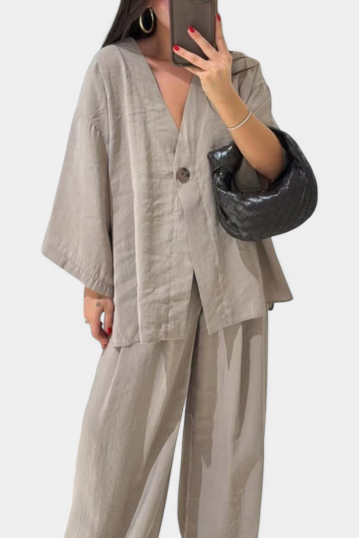 Eli V-Neck Top with Straight-Leg Pants Set