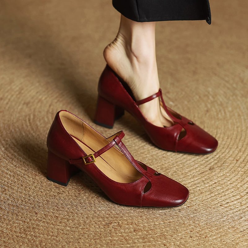 Philippa | Leather T-Strap Block Heels