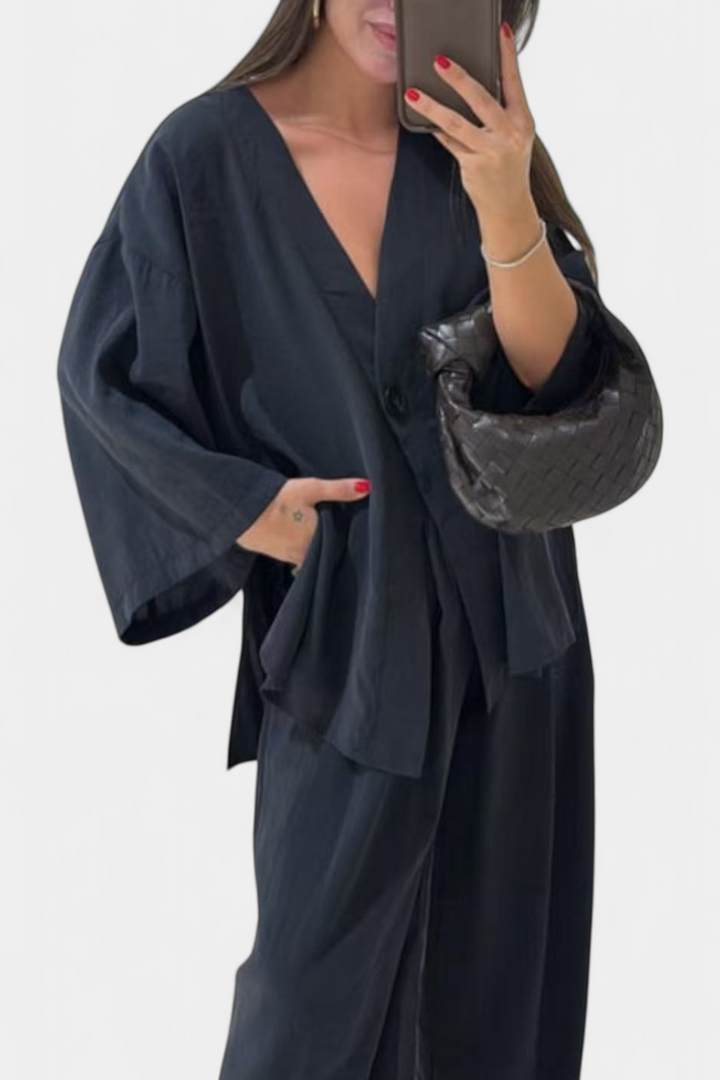 Eli V-Neck Top with Straight-Leg Pants Set