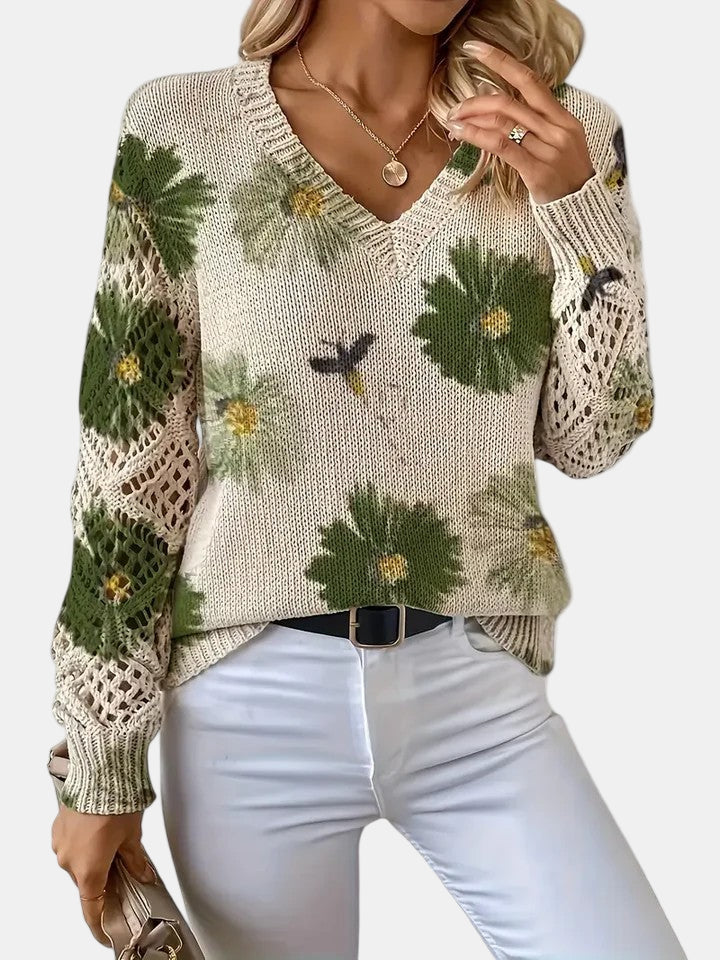Bronte | Floral Crochet Sleeve V-Neck Sweater