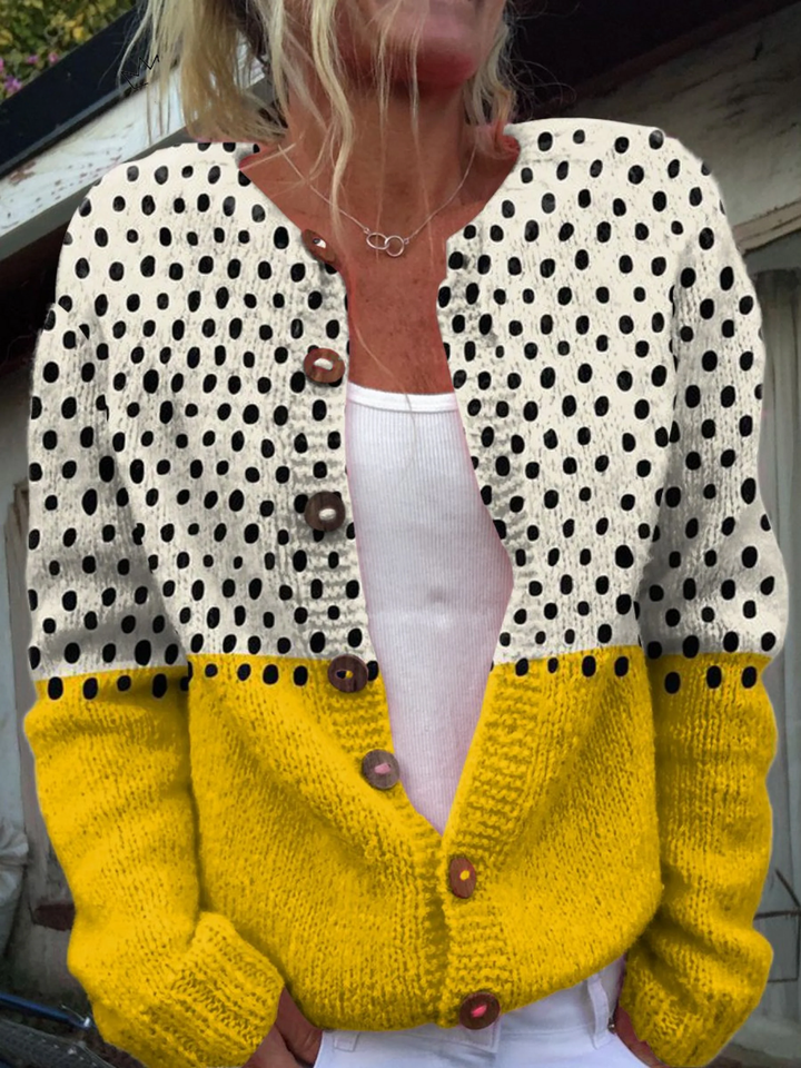 Junella | Two-Tone Polka Dot Knit Cardigan