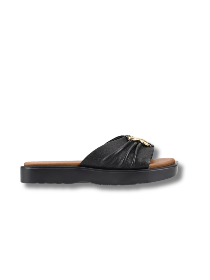 Women's Black Sandals with Wavy Sole and Gold Buckle