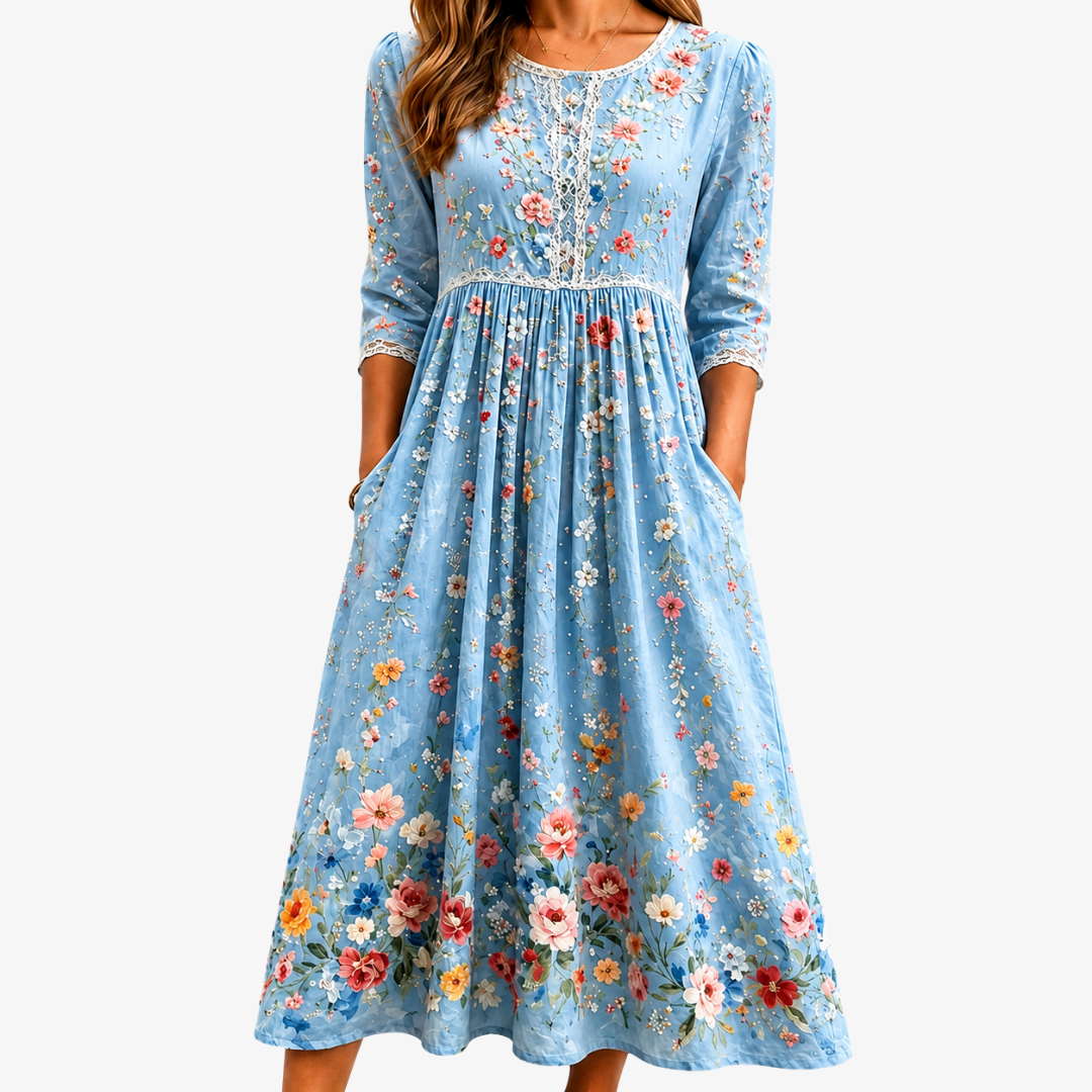Verna™ | Sky Blossom Garden Midi Dress