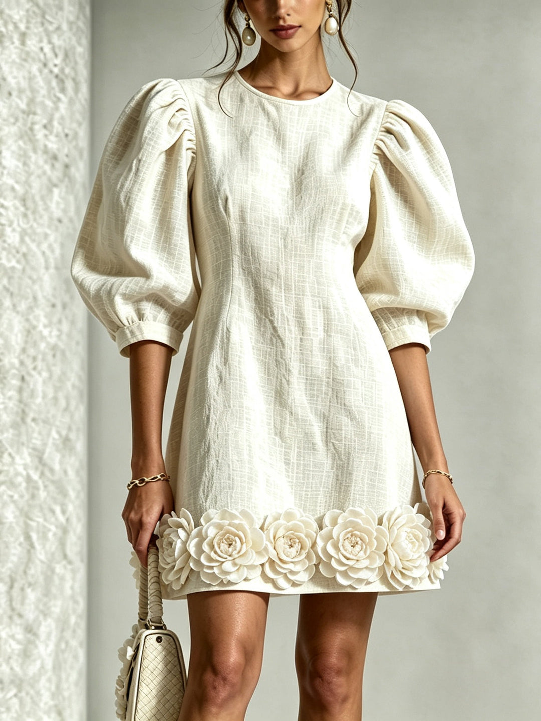 Cressida | 3D Floral Puff-Sleeve Cotton-Linen Dress White