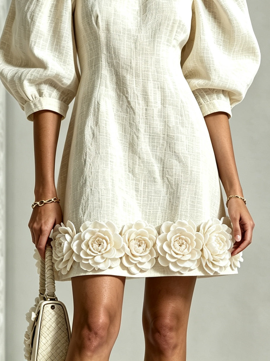 Cressida | 3D Floral Puff-Sleeve Cotton-Linen Dress White