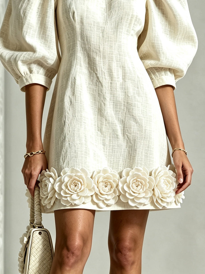 Cressida | 3D Floral Puff-Sleeve Cotton-Linen Dress White