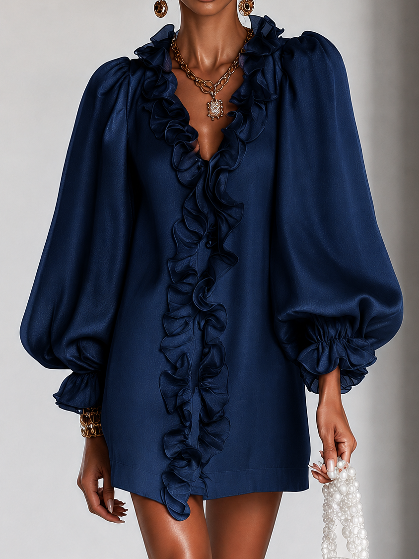 Guinevere | Ruffled Puff-Sleeve Straight-Cut Dress Navy