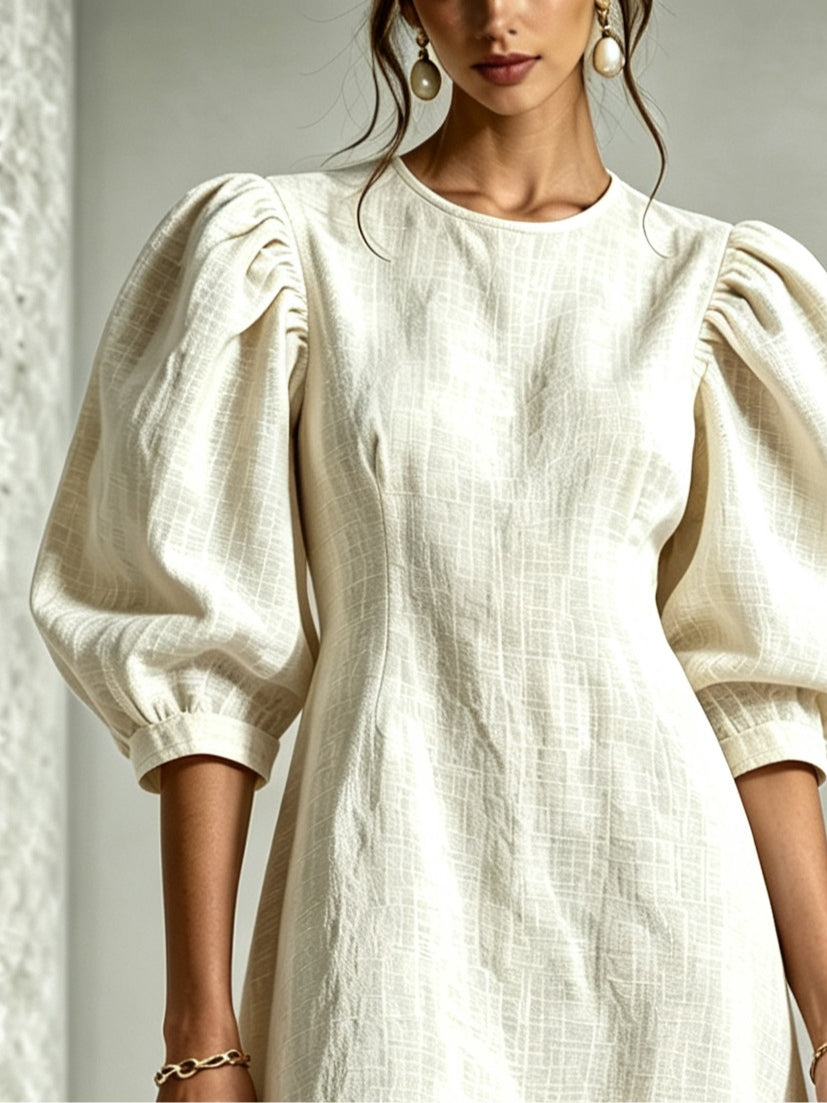 Cressida | 3D Floral Puff-Sleeve Cotton-Linen Dress White