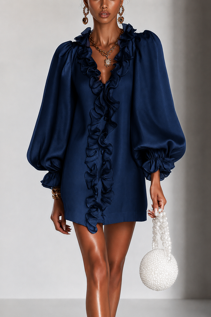 Guinevere | Ruffled Puff-Sleeve Straight-Cut Dress Navy