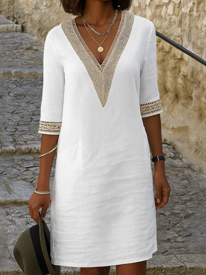 Estella™ | Elegant Lace V Neck Midi Dress