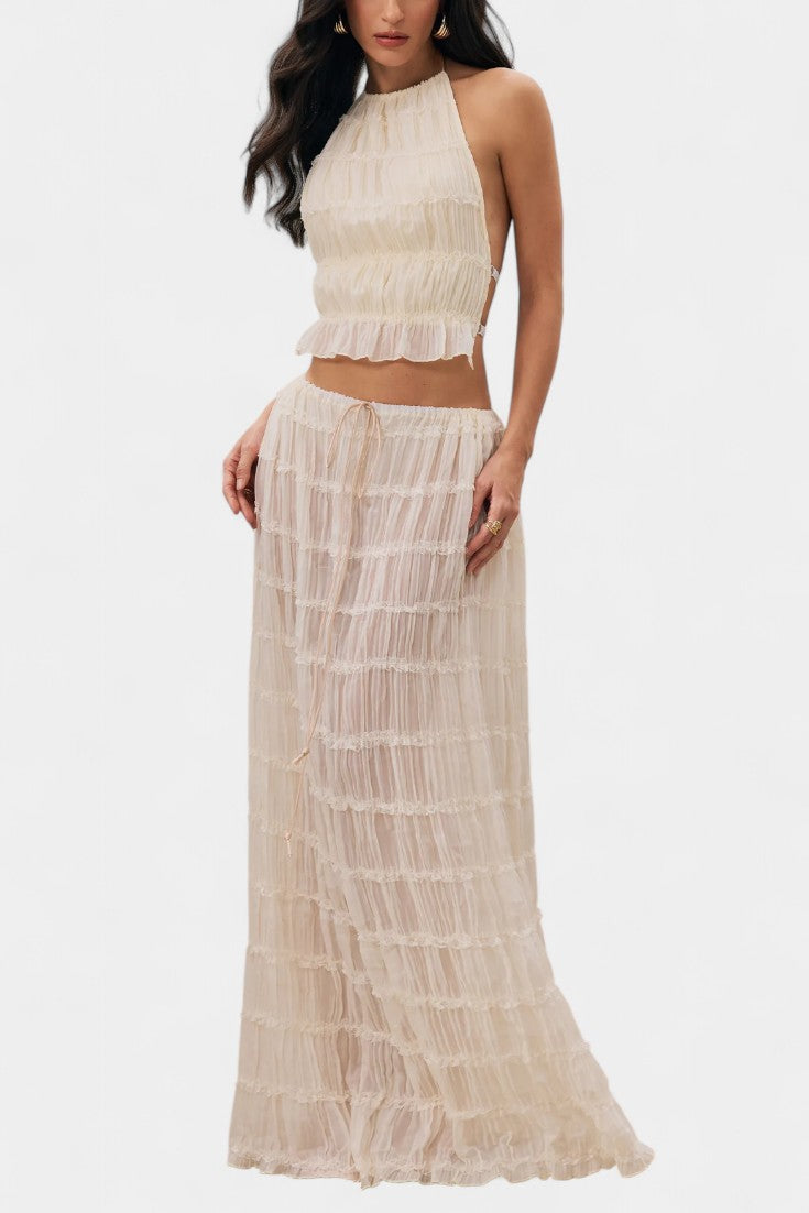 Eugenie Halter Neck Pleated Ensemble with Flowing High-Waisted Skirt
