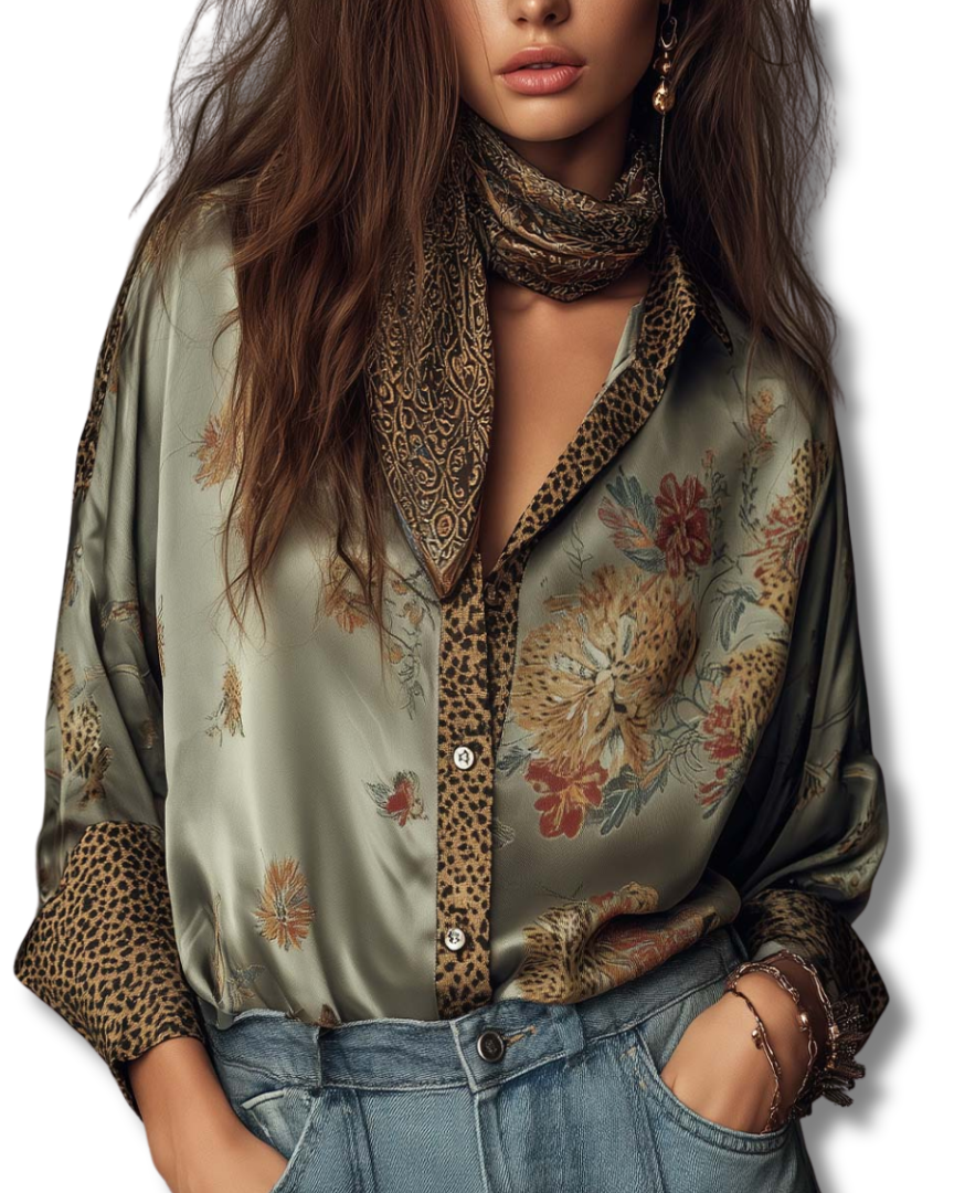 Satin Floral Button-Down Shirt With Leopard Trim