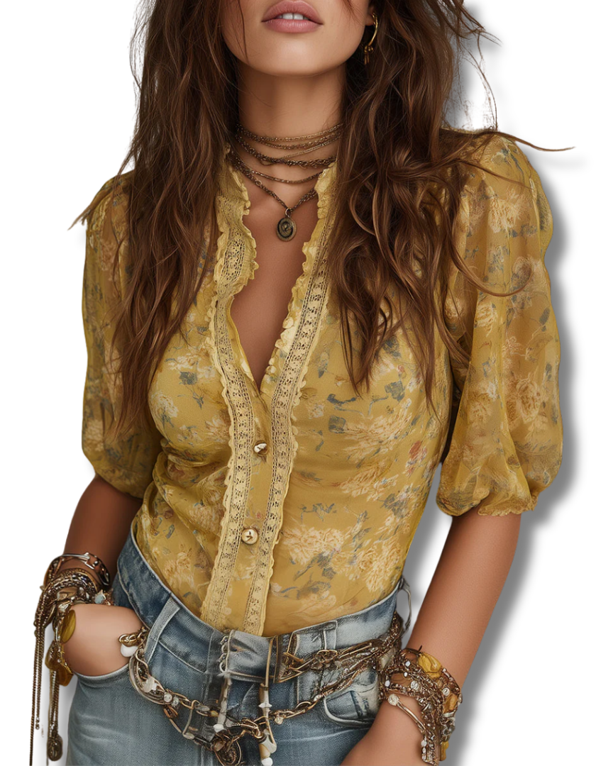 Bohemian Floral Print Chiffon Blouse With Lace Trim
