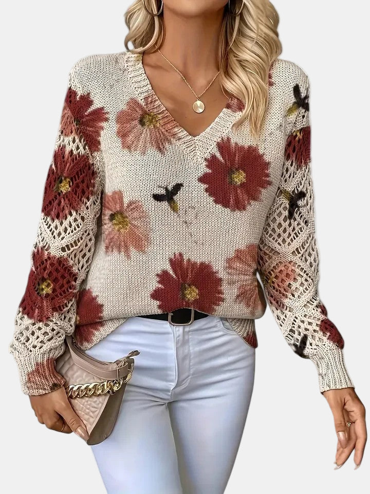 Bronte | Floral Crochet Sleeve V-Neck Sweater
