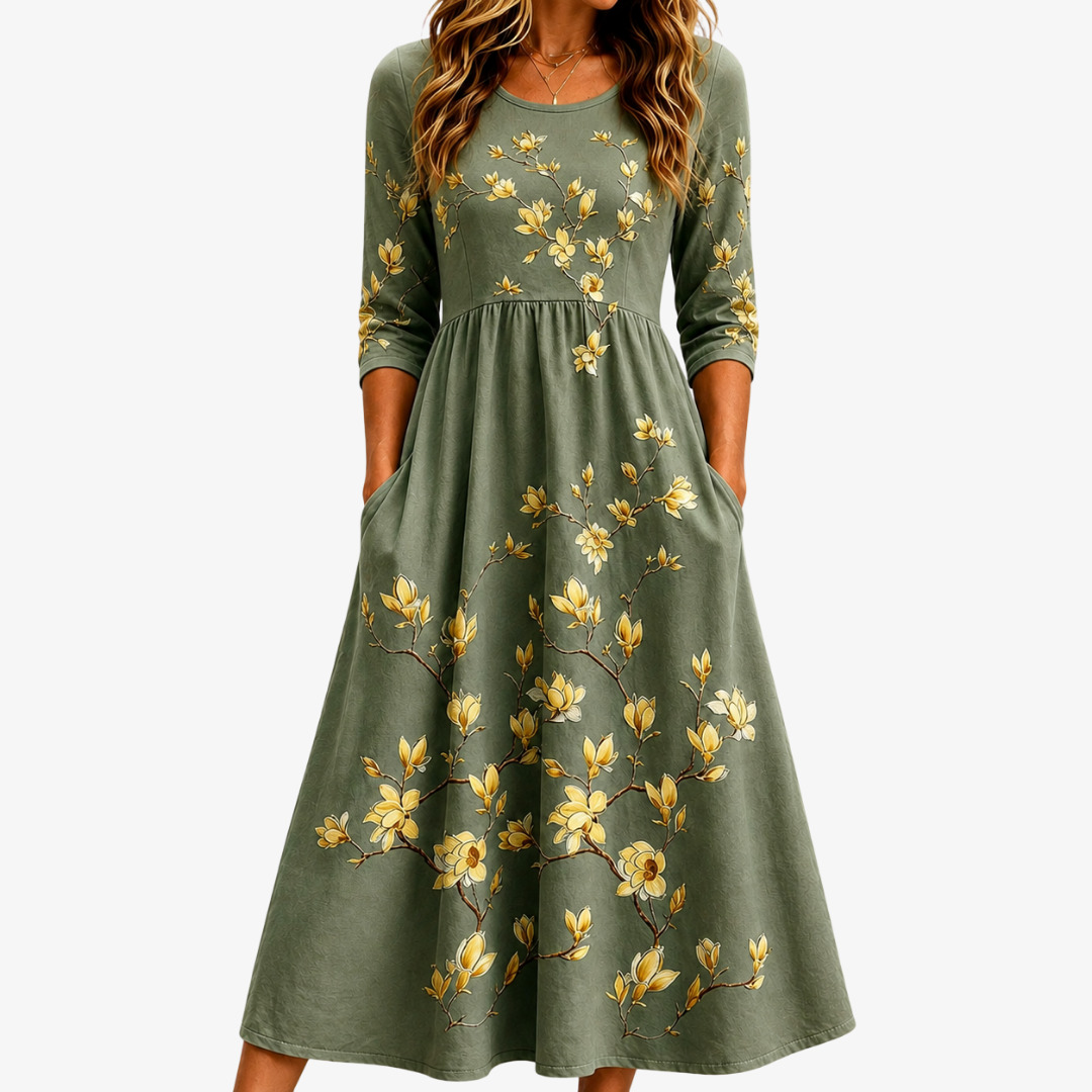 Wilma™ | Sage Blossom Grace Pocket Midi Dress
